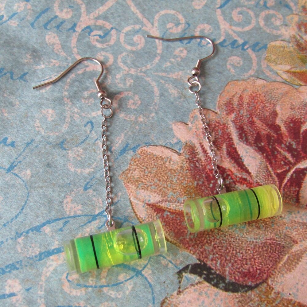 Spirit Bubble Level Long Chain Upcycled Funny Joke Earrings